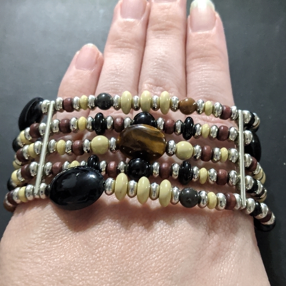 𝅺Silver Tone Black Brown Tan Tigerseye Beaded Multi Strand Statement Bracelet